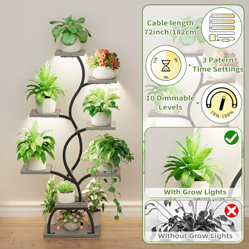 Image of Plant Stand Indoor with Grow Light - 8 Tiered Corner Plant Shelf Indoor | 49 inch Plant Holder with Lights for Indoor Growing, Tall Lighted Flower Stand for Living Room, Balcony, Gray
