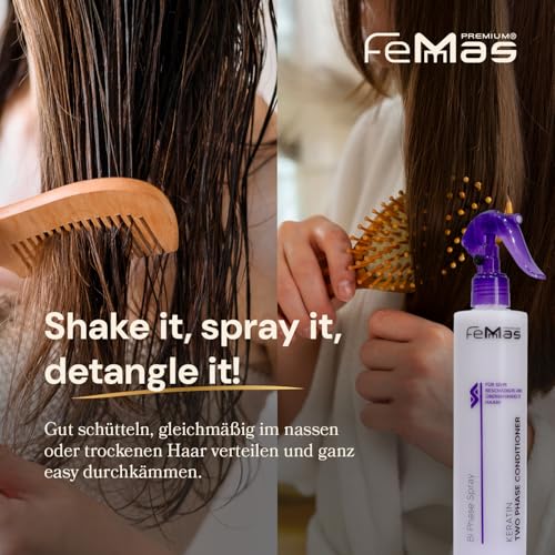5. Bild von FemMas Bi-Phase Keratin Leave In Conditioner Sprühkur 320ml I 2 Phasen Feuchtigkeitsspray I Haarpflege-Spray ohne Ausspülen I für beschädigtes & strapaziertes Haar I Anti-Frizz Detangler Haar-Kur