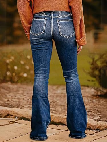 Flamingals Women's Mid Rise Stretchy Flared Leg Jeans Vintage Wash Seam Front Button Fly Trendy Denim Jeans4