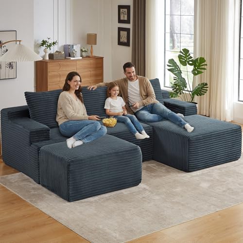 Image of 96 inch U-Shape Cloud Couch, Modern Modular Sectional L-Shape Sofa with Ottoman, Corduroy Upholstered Couches Deep Seat Sleeper Chaise Longue for Living Room, No Assembly Required(Dark Gray, Right Facing)