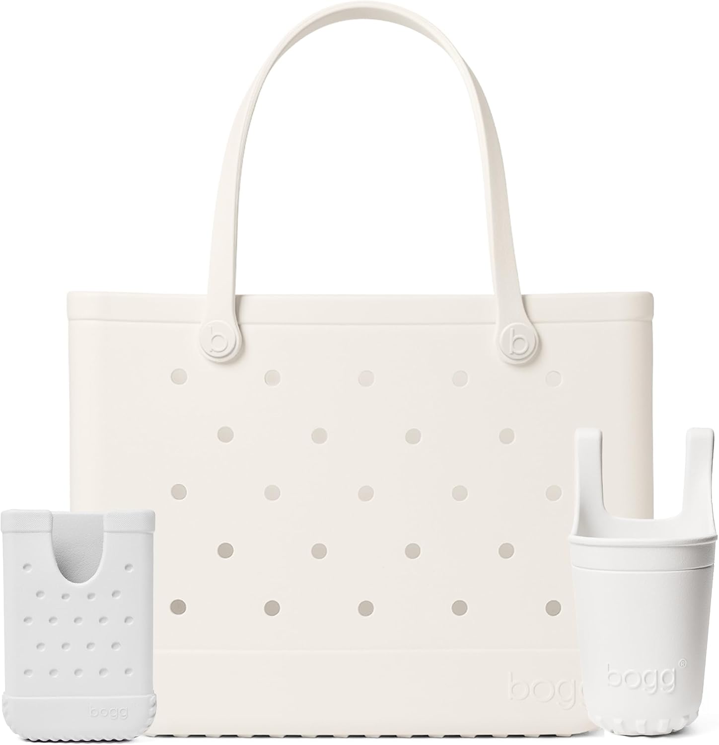 BOGG BAG Original, Large Tote (Coconut) + Bevy Beverage Holder & Call Me Phone Holder (For Shore White) – Durable, Washable, Tip-proof – Beach, Pool, Boat, Work, Sports