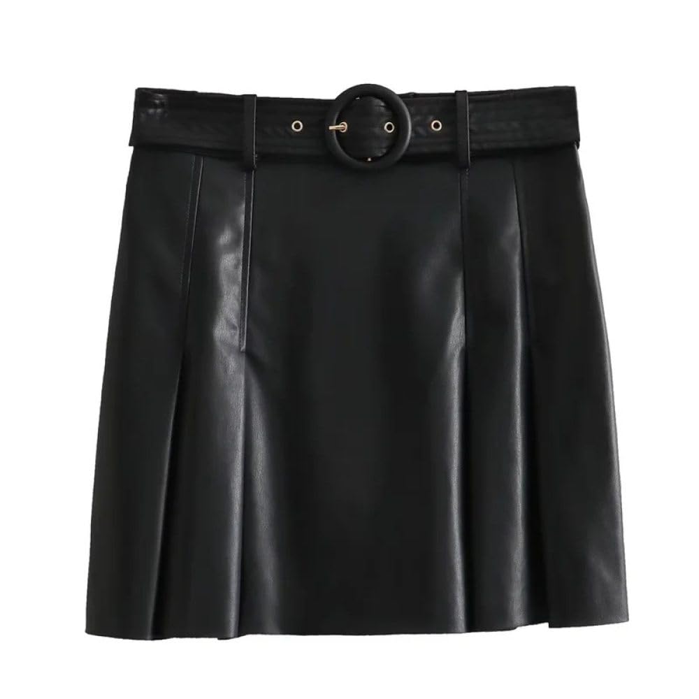 Falda Corta De Mujer - Minifalda Plisada Ancha De Cuero para Mujer, Falda Retro Americana con Cinturón, Ajustada, Lisa, por Encima De La Rodilla, De Invierno