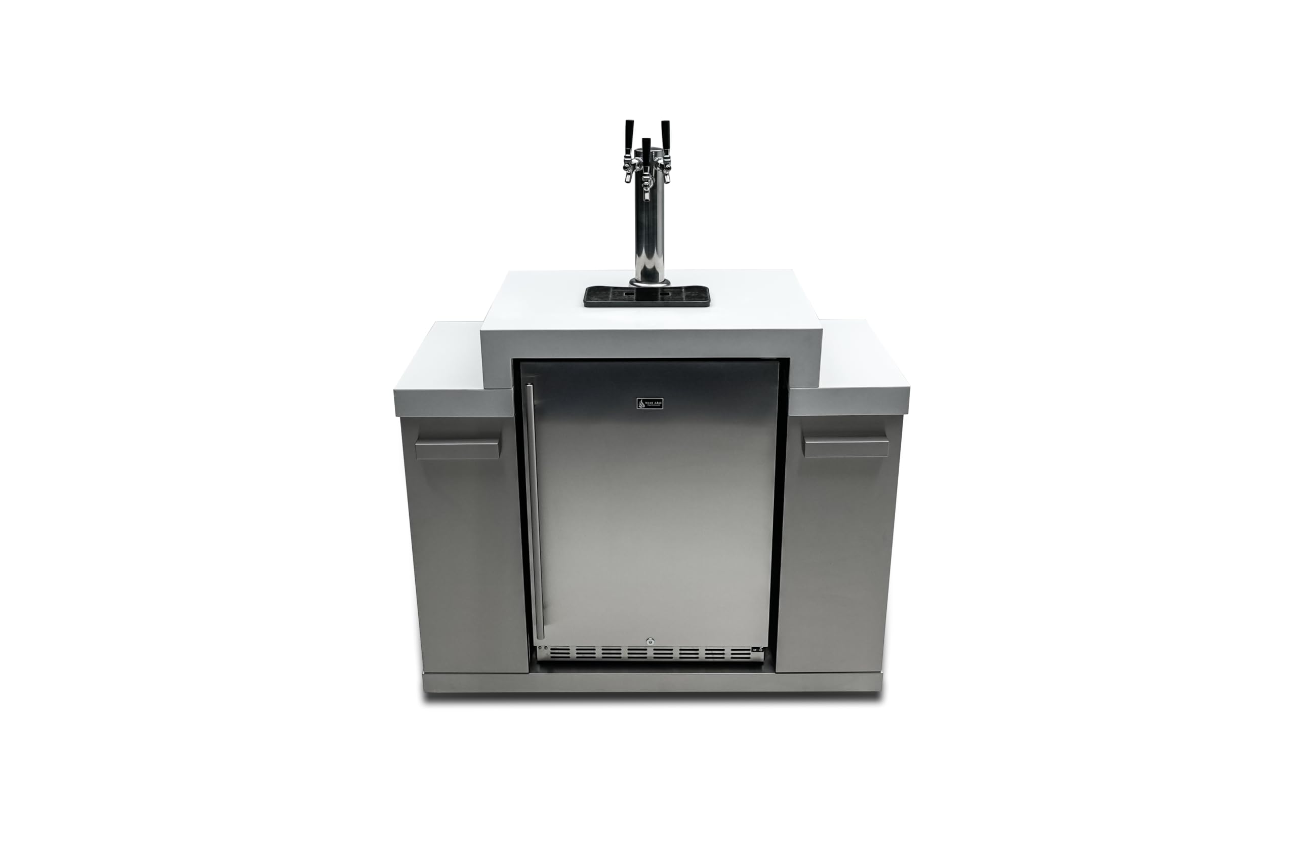 Mont Alpi Stainless Steel 48"W x 23"D x 55" H Premium Outdoor Kegerator 3-tap Draft Keg Beer Dispenser Refrigerator Module with Digital Display and Drip Tray plus White Granite Countertops and Storage | Fridge.com