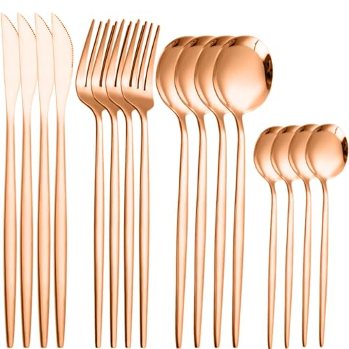 Image of 16 pcs Flatware Set,Rose Gold Silverware Set for 4, Knife Fork Spoon, Stainless Steel Home Dinnerware Tableware,Mixed Cutlery Set Eating Utensils for Restaurants (16 Pcs Rose Gold)