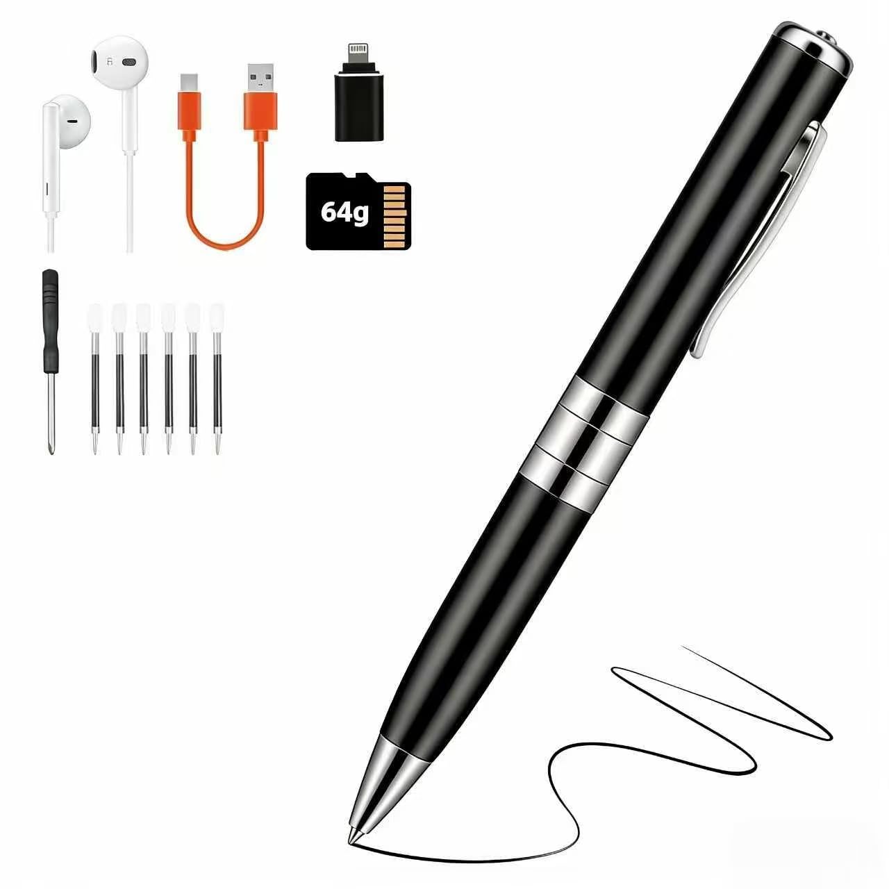 64GB Stiftförmiges Digitales Diktiergerät - Sprachaktivierter Aufnahmegerät mit One Touch Aufnahme für Interviews, Vorträge Spionage-Recorder-Stift