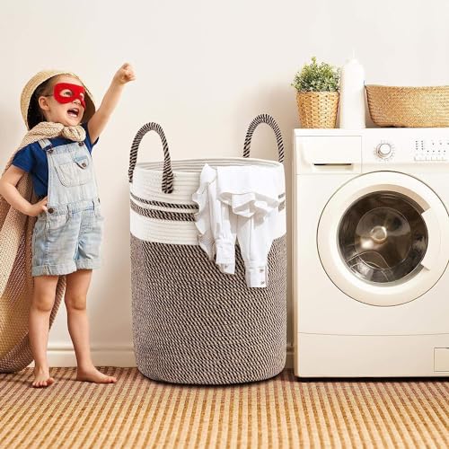 Image of Jute Cotton Rope Laundry Basket with Handles, Large Tall Clothes Hamper for Bedroom, Baby Nursery, Bathroom, Laundry Room & Home Storage Organizer (14x18 Inch, Beige Black)