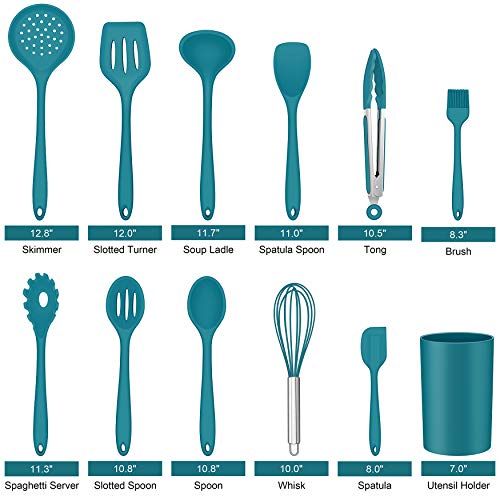 Image of LIANYU 12-Piece Silicone Kitchen Cooking Utensils Set with Holder, Kitchen Tools Include Slotted Spatula Spoon Turner Ladle Tong Whisk, Dishwasher Safe, Dark Blue