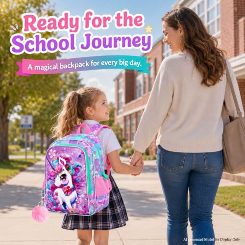 Image of HPJGD 3PCS Unicorn Backpack for Girls, Water Resistant Kids Bookbag Set with Lunch Box,Cute Elementary School Bag for Preschool Toddler