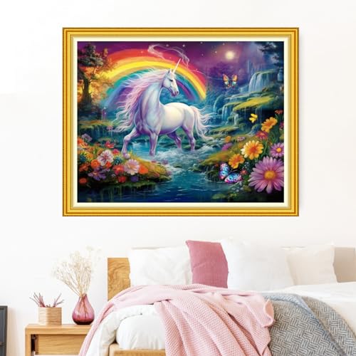 Image of Funxvoot Stamped Cross Stitch Kits Beginners Full Range of Embroidery Kits for Adults 11CT Embroidery Patterns Needlepoint Kits Printed Cross Stitch Kits-Rainbow Unicorn 16x20 inch