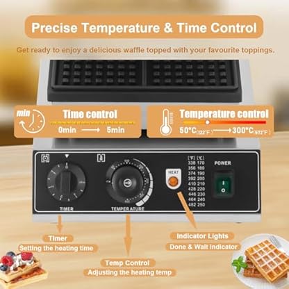 Kommerzielles doppelseitiges Heiz-Waffeleisen mit einstellbarem Timer und Temperaturregelung, inklusive quadratischer Waffelpfanne, ideal für Bäckereien, Teestuben und Essensstände – Bild 5