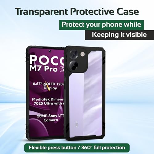 Image of AIBEX Crystal Clear Back Cover Case for Poco M7 Pro 5G | 360 Protection | Shockproof | Transparent Non-Yellowing Bumper Case (PC + TPU)