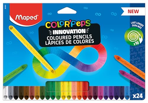 Maped Lápices de Colores Peps Infinity, Set de 24 Colores Surtidos, Duración 10 Veces Más con Diseño Ergonómico Triangular, Colores Vivos para Dibujar y Colorear