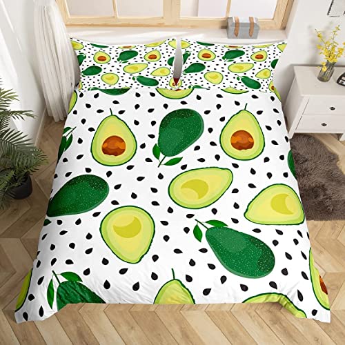 Homewish Juego de ropa de cama de aguacate, funda de edredón de aguacate a la mitad, juego de funda de edredón de frutas tropicales verdes para niños y niñas, diseño de lunares de dibujos animados,
