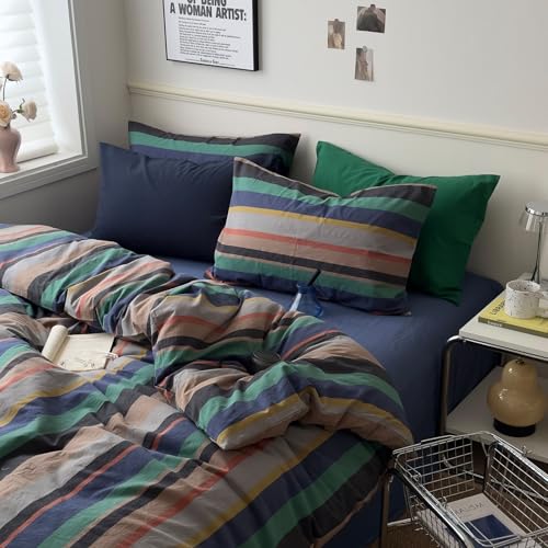 Image of mixinni Vintage Striped Duvet Cover Full 100% Washed Cotton Bedding Set Retro Mid Century Modern Striped Duvet Cover with Zipper Closure Corner Ties for Kids Teens Dorm