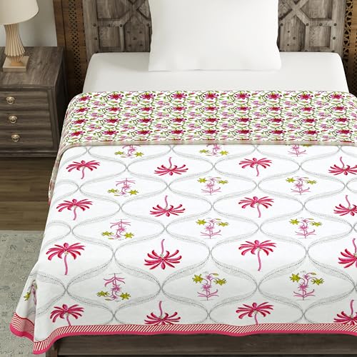 Image of BLOCKS OF INDIA Hand Block Printed Cotton Single Size Reversible Malmal Dohar for Summer (Pink Tree)