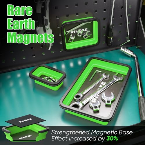 Image of PINOZE Collapsible Magnetic Parts Organizer Trays & 12 inch Flexible Magnetic Pickup Tool, 3 Different Size Magnet Tool Trays & Pick-Up Sweeper for Screw, Bolts, Nuts, Washers, Pins and Metal Parts, Green