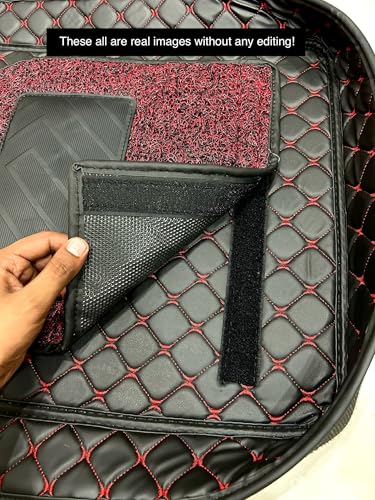 Image of Auto Fusion Premium 7d Car Mats Universal for All Cars | Luxury Double Stitched 7 Layer Protection Car Floor Tray Mats | 100% Waterproof and Washable (Black with Red Stitching, Universal)