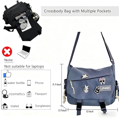 Image of Aesthetic Crossbody Bag with Cute Pins and Ornament, Nylon Shoulder Messenger Bag Japanese Kawaii Bag for Women Men