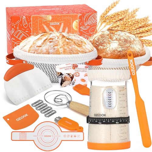 Sourdough Starter Kit: 34oz Sourdough Starter Jar, 2 X Cotton Rope Banneton Bread Proofing Basket with Bread Lame, Scraper,Sling, Dough Whisk,Perfect Gifts for Bakers Sourdough Bread Baking Supplies