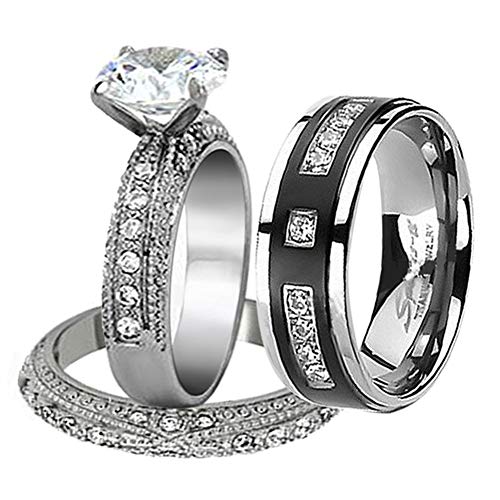 MABELLA His Hers Couple Rings Stainless Steel Women's Cubic Zirconia Wedding Engagement Ring Set& Round CZ Black Titanium Matching Band,Women's Size 10 Men's Size 10