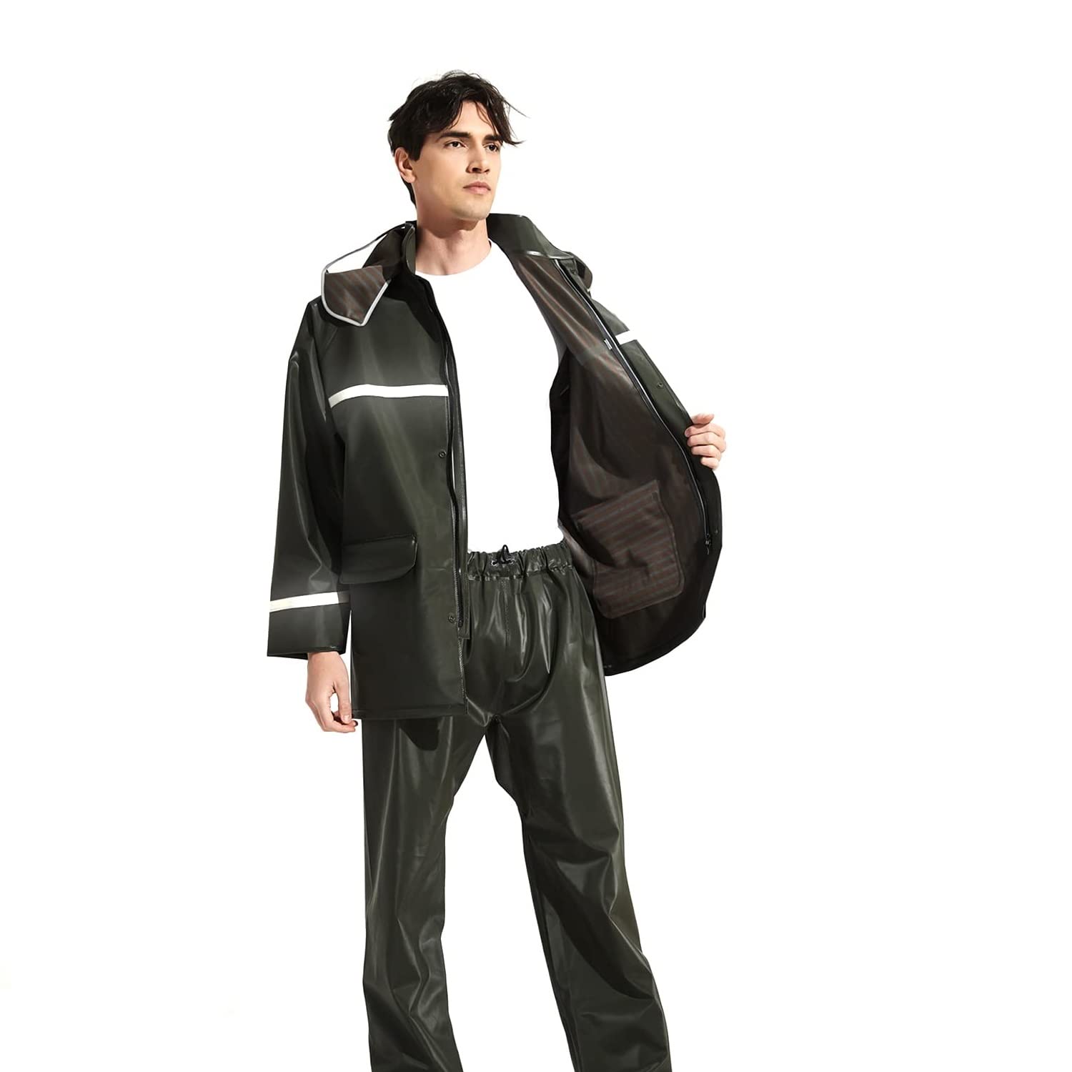 Reusable Two-Piece Raincoat With Transparent Face Shield Detachable Hood Two Pockets Carry Pouch Water Resistant Buttoned Rain Jacket-image-9