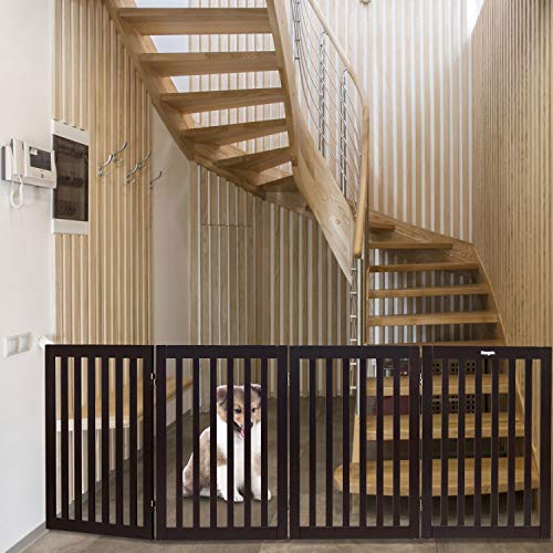 Bonnlo Freestanding Wooden Pet Gate with Foot Supporters for Dogs Puppy Indoor Staircase Doorway Configurable Folding 4 Panel Indoor Wood Doggy Fence/Divider, 83-Inch Width, 30-Inch Height | Espresso
