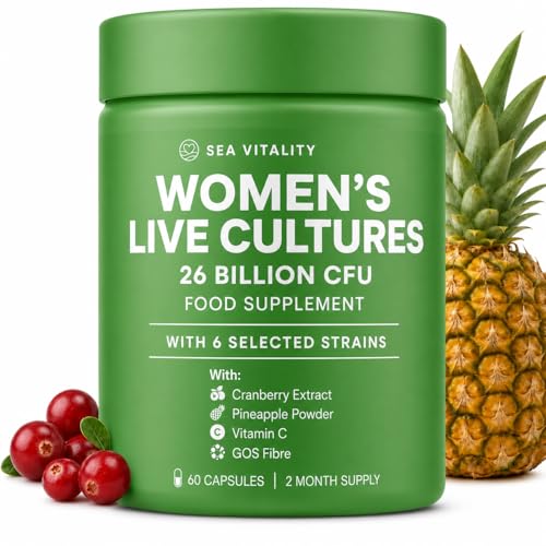 Womens Live Cultures Food Supplement - 26 Billion CFU 6 Selected Strains with Cranberry Extract Pineapple Powder GOS & Vitamin C - 60 Capsules 1-a-Day Formula for Women 60 Day Supply