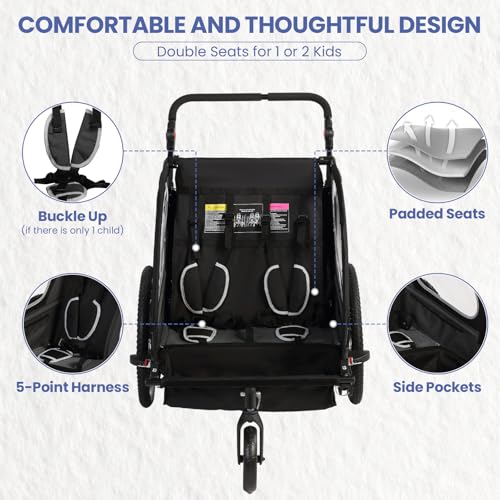 Image of Sepnine Kids Bike Trailer, 2 in1 Canopy Carrier Converts to Pushcart Suitable for 1 to 2 Toddlers, Kids, Quick Attach to Bike, Foldable, with 5-Point Harness and Storage Bags