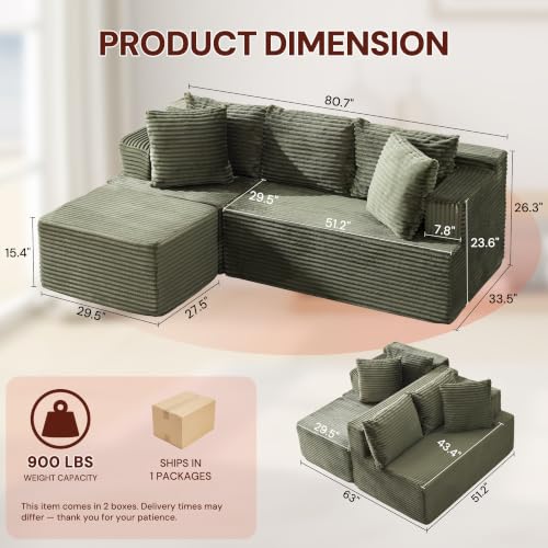 Image of Korser Boneless Couches for Living Room, Cloud Couch Sectional with Ottoman, L-Shaped Sofa with Fluffy Comfy Corduroy Deep Seat, Bedroom, Apartment, No Assembly Required