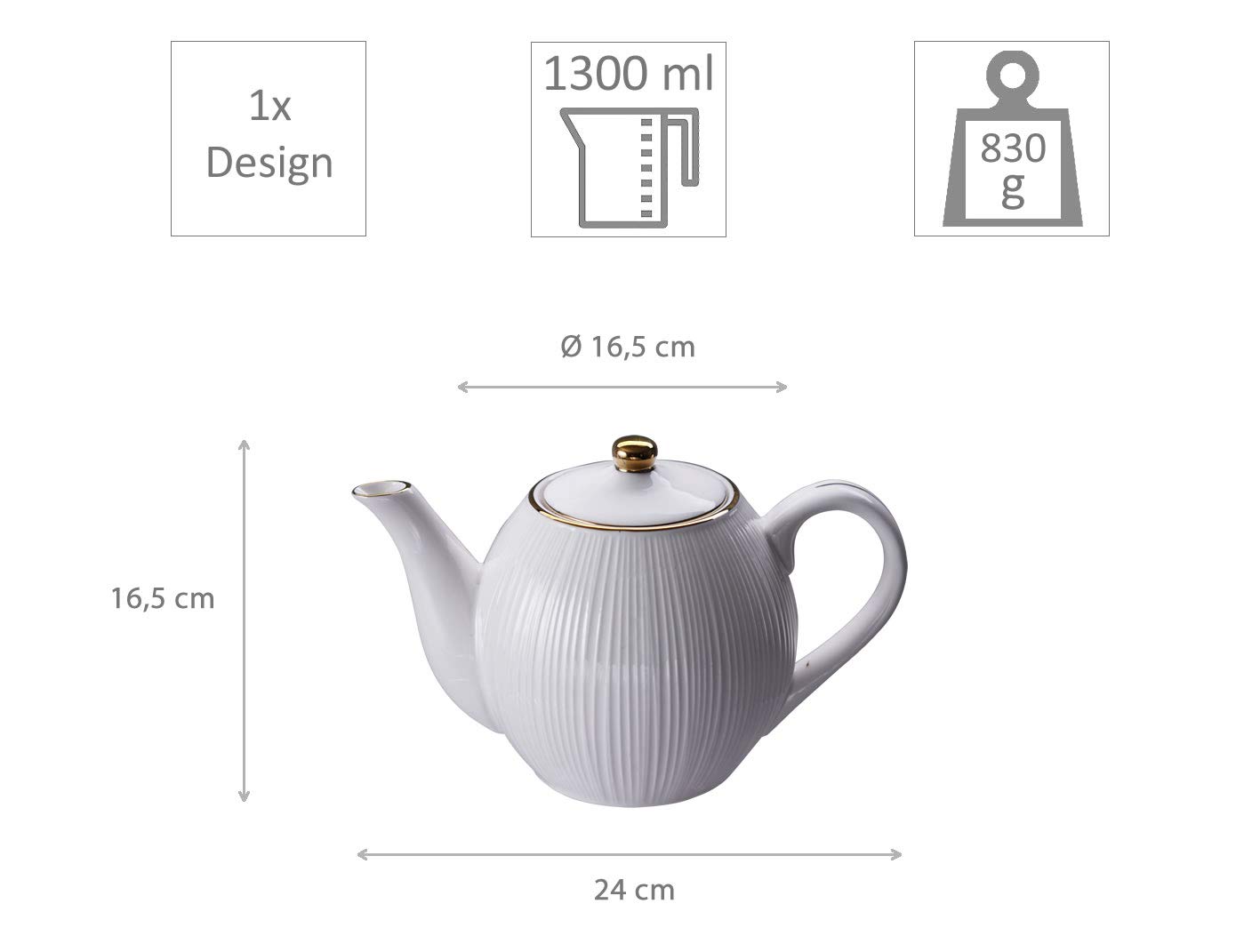 TOKYO design studio Nippon White Tee-Kanne weiß, 1,3 Liter, mit Gold-Rand an Deckel und Ausguss, asiatisches Porzellan, Japanisches Design Lines