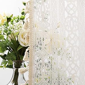 Boho Crochet Window Tiers Curtains Cafe Beige Floral 36 Inch Long Kitchen Curtain with Tassels Sheer Hallow Knitted Vintage Chic Short Farmhouse Window Treatment, Single Panel Boho Crochet Window Tiers Curtains Cafe Beige Floral 36 Inch Long Kitchen Curtain with Tassels Sheer Hallow Knitted Vintage Chic Short Farmhouse Window Treatment Single Panel