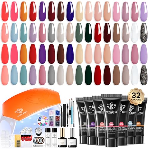 Image of Modelones 133pcs Poly Nail Gel Kit, 32 Colors Spring Pink Pastel Poly Extension Gel kit with Nail Lamp Base Top Coat Slip Solution Builder Enhancement Manicure Tools for Starter Supplies