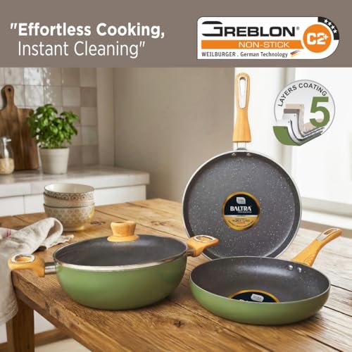 Image of BALTRA Duron Greblon Non-Stick 4 Pc Cookware Set with Glass Lid | 5 Layer Coating | Gas & Induction Compatible | Dosa Tawa 24cm | Fry Pan 24cm | Kadai 24cm | ISI Certified | 1 Yr Warranty