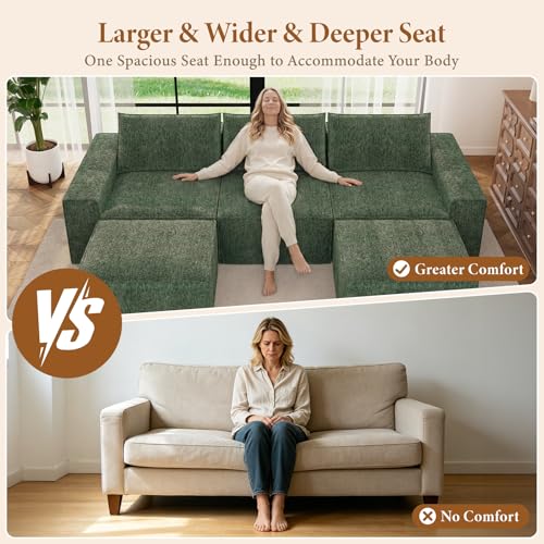 Image of Vesgantti 114 inch Boneless Modular Sectional Sofa, Modern U Shaped 5 Seater Couch with 2 Ottoman & Deep Seat, Convertible Chenille Cloud Couches for Living Room, No Assembly Required, Green