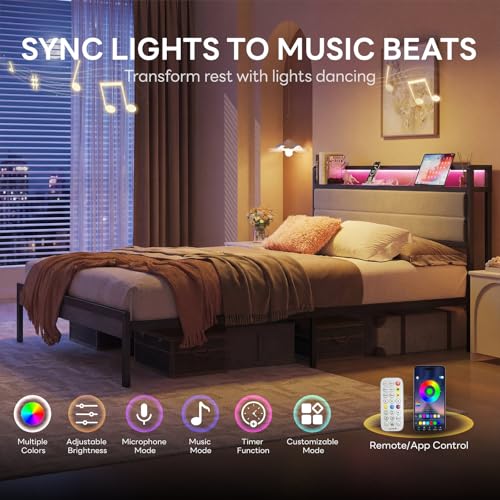 Image of LIKIMIO Queen Bed Frame with Storage Headboard and LED Lights, Metal Platform Bed with Charging Station, Noise Free, No Box Spring Needed, Under Bed Storage, Charcoal Gray