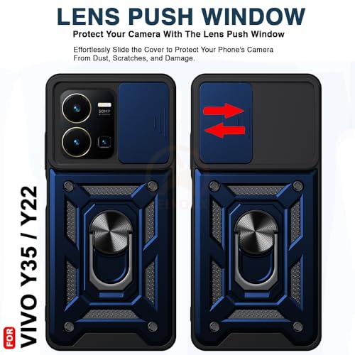 Image of Armor Bumper Back Cover Case for Vivo Y35 / Y22 | Rotating Camera Cover, Ring Holder & Kickstand | Heavy Duty & 360 Degree Protection Vivo Y35 / Y22 Back Cover (Blue)