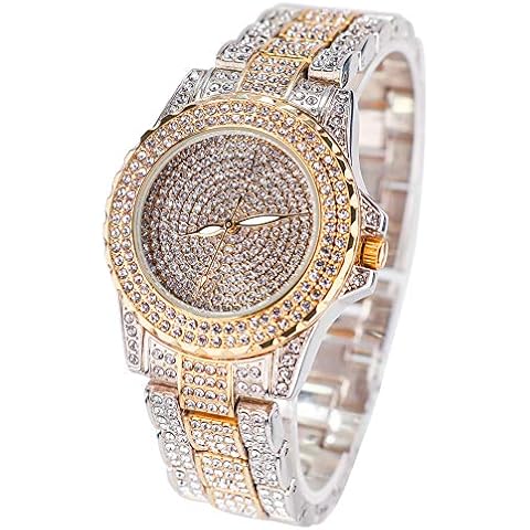 Smalody Round Luxury Women Watch Crystal Rhinestone Diamond Watches Stainless Steel Wristwatch Iced Out Watch with Japan Quartz Movement for Women | Simulated Lab Diamonds (Mix Gold) Cover