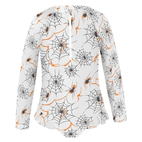 Orange Black Halloween Spider Webs Girls Long Sleeve Swimsuit Rashguard Swimwear One Piece Bathing Suit 212209004