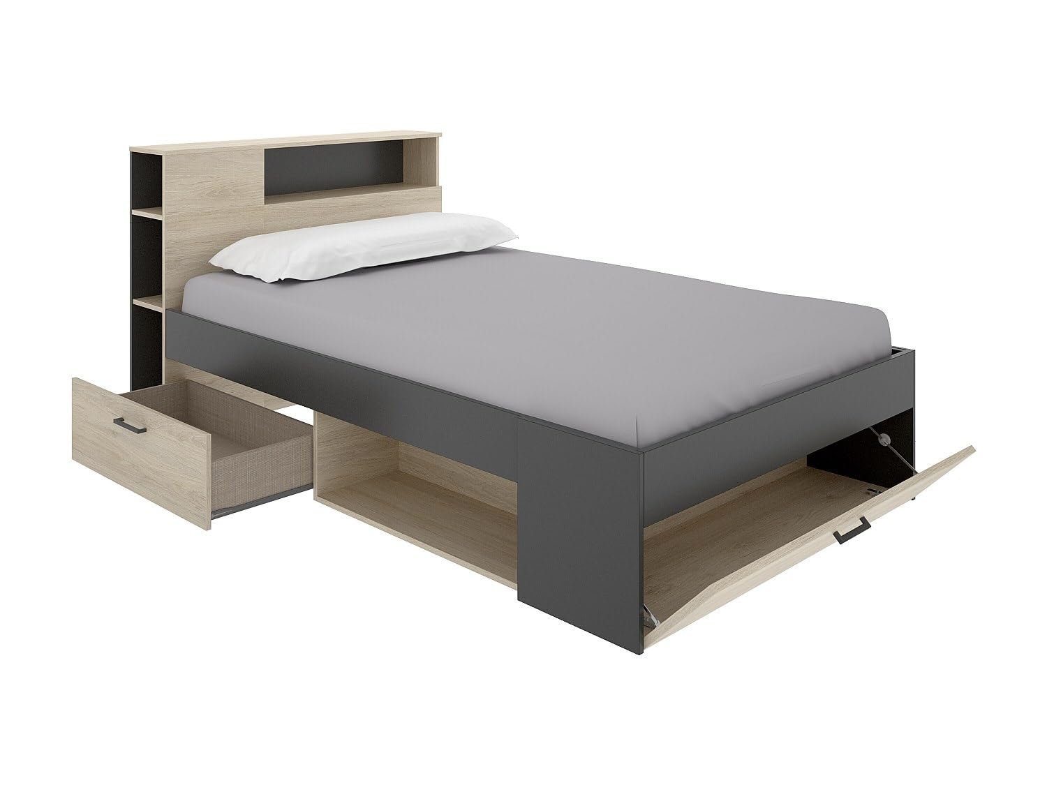 Vente-unique-Lit avec tête de lit rangements et tiroirs - 120 x 190cm - Coloris : Naturel et Anthracite + Sommier - Leandre