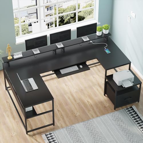 SEDETA U-Shaped Desk with File Drawer & Power Outlet, 101.5'' Reversible L-Shaped Computer Desk for Home Office & Gaming, Black