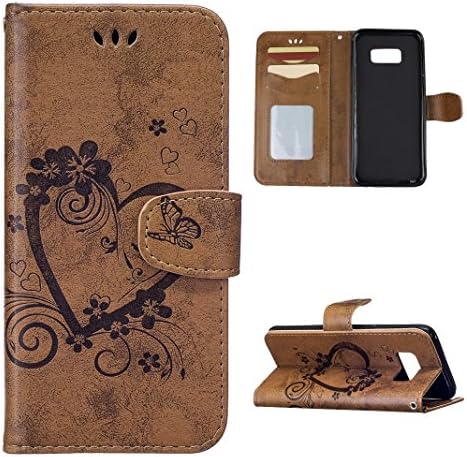 Rosa Schleife Galaxy S8 Plus Leather Wallet Case, PU Leather Heart Love Flower Embossed Floral Flip Folio Protective Shell Covers for Samsung Galaxy S8 Plus Kickstand Stand -Brown