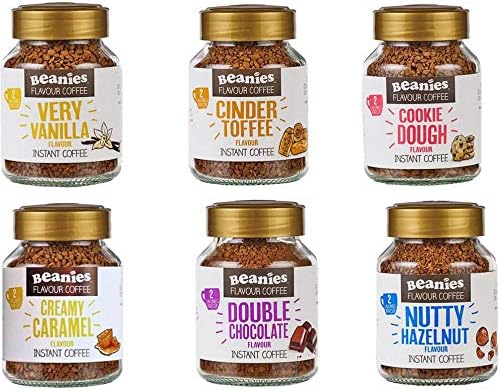 6x Beanies Flavored Instant Coffee Jars: Creamy Caramel, Very Vanilla, Nutty Hazelnut, Double Chocolate, Cinder Toffee & Cookie Dough