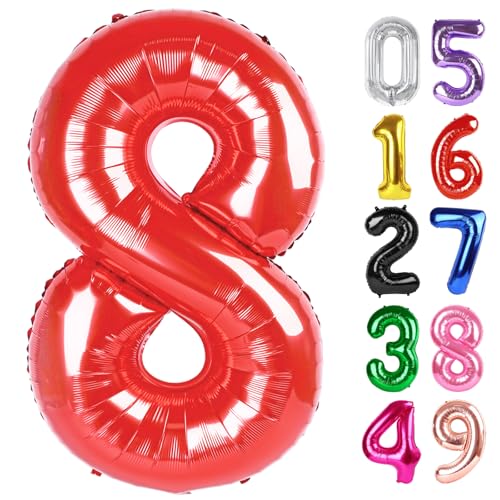 Image of Red Number 8 Balloon 40 Inch, 8th Birthday Party Decorations, Giant 8 Foil Balloon for Party Supplies