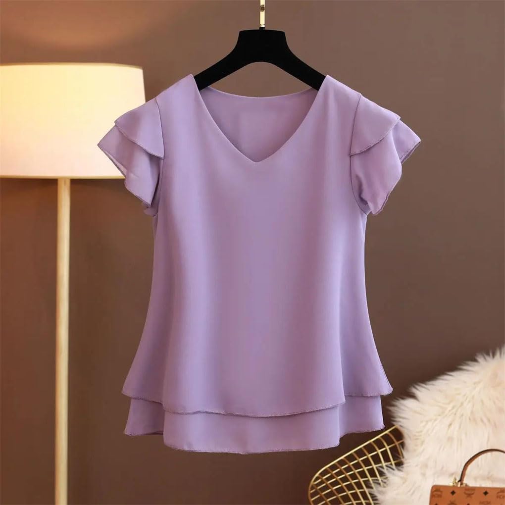 Women's V-Neck Chiffon Shirt Loose Short Sleeve Top