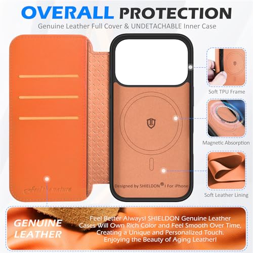 Coque en Cuir Véritable pour iPhone 17 Pro Shieldon Orange Mince - 3