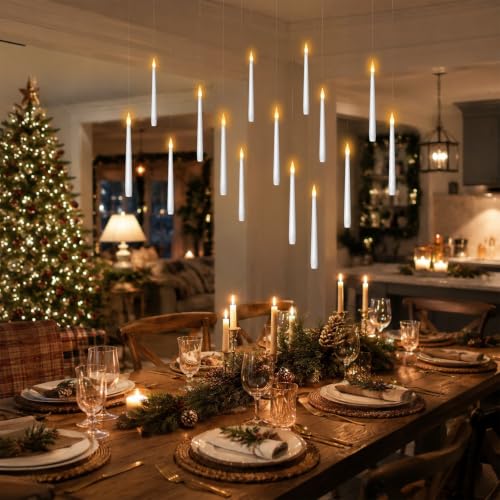 Image of Lezonic Floating Candles with Wand Remote, Set of 12 Christmas Tree Candles, Magic Flameless Candles Battery Operated, Flikering Hanging LED Taper Candlesticks Halloween Xmas Decorations, 0.51 inch x 6.7 inch