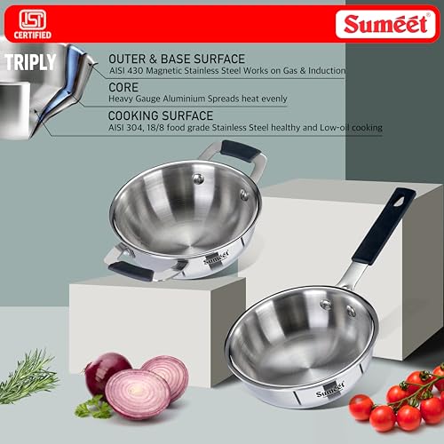 Image of Sumeet Cook Smart ISI Certified Tri-Ply (Steel - Aluminium - Steel) Set of 2 Pcs Mini Kadai 370ml - FryingTadka Pan 400ml with Silicon Grip | Induction and Gas Friendly | 2.5mm Thick, Silver
