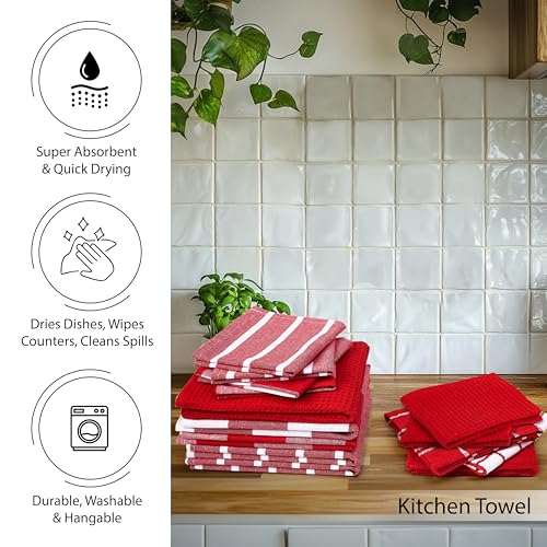 Image of Encasa XO Kitchen Towels and Dishcloths Sets | 21 Pcs Apartment Essentials Set | Oven Mitts and Pot Holders with Hanging Loop | Cooking Apron, Dish Cloth, Flour Sack and Coasters Red Combo