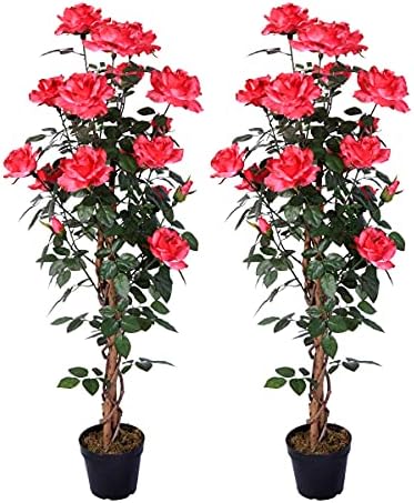 AMERIQUE Pair Gorgeous & Unique 4 Feet Roses with Leaves Artificial Tree Silk Plant, Pre Nursery Pot, Feel Real Tech, 4' Each with 320 18 Flowers, Red and Green, 2