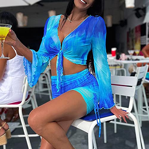 SHESEEWORLD Women's Sexy Long Sleeve 2 Pieces Sheer Mesh Cover Up Dress Crop Top Bodycon Ruched Y2K Mini Skirt Sets3